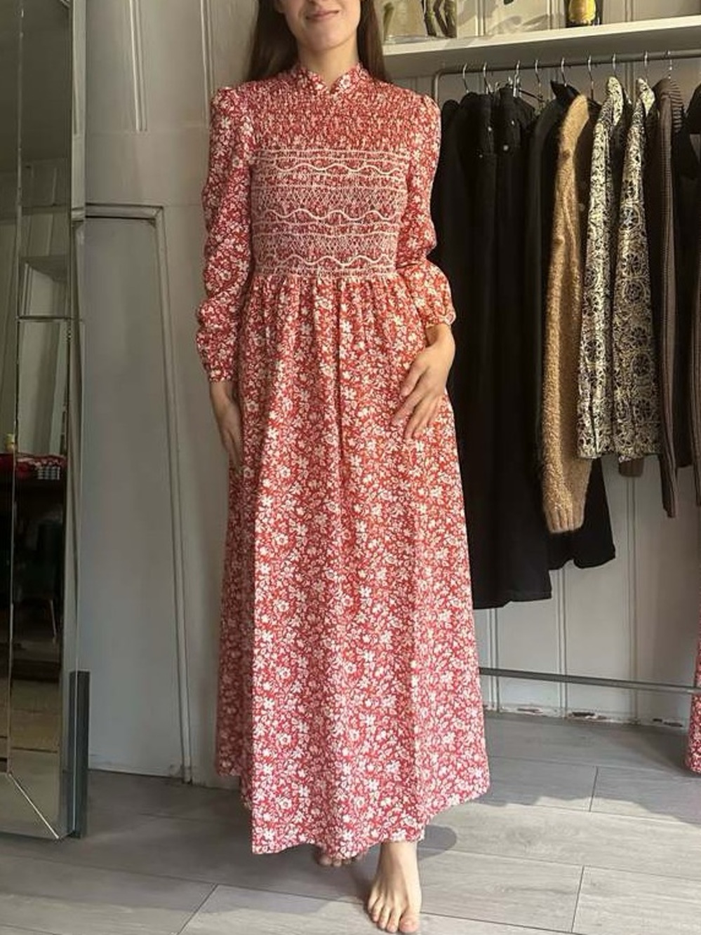 NWT LORETTA CAPONI Red White LEA/C LEA maxi Long Sleeve dress in Papaveri Sz S